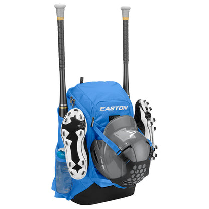 The Easton Walk Off NX Backpack (A159059) by Easton securely holds two bats, a pair of cleats, a water bottle, and features a front holder for your helmet—ideal for carrying gear to games or practice.