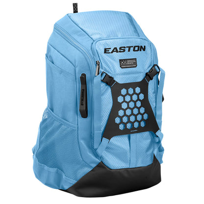 The Easton Walk Off NX Backpack (A159059) by Easton features a light blue color with black accents, a hexagonal cutout design on the front, mesh side pockets, and a top zipper compartment.