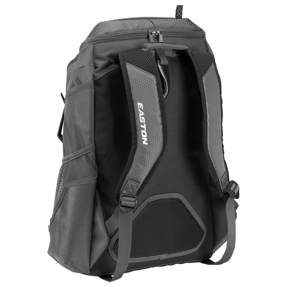 The Easton Walk Off NX Backpack (A159059) by Easton is shown from the back in black and gray, featuring padded shoulder straps, mesh side pockets, and zippered compartments.