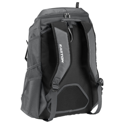 The Easton Walk Off NX Backpack (A159059) by Easton is shown from the back in black and gray, featuring padded shoulder straps, mesh side pockets, and zippered compartments.
