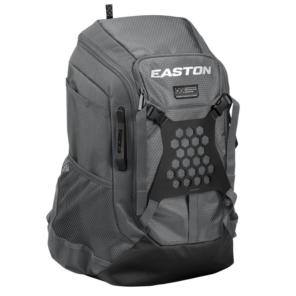 The Easton Walk Off NX Backpack (A159059) by Easton is a gray softball backpack featuring a hexagonal front pocket pattern, mesh side pockets, and multiple zippered compartments, shown upright on a white background.