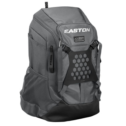 The Easton Walk Off NX Backpack (A159059) by Easton is a gray softball backpack featuring a hexagonal front pocket pattern, mesh side pockets, and multiple zippered compartments, shown upright on a white background.