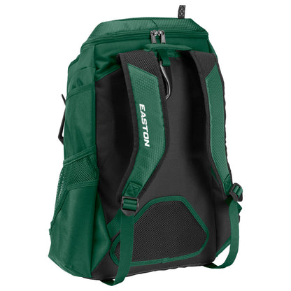 The Easton Walk Off NX Backpack (A159059) is a green and black equipment bag with mesh side pockets, padded shoulder straps, and "EASTON" printed in white on one strap. The backpack stands upright, showcasing its back and straps.