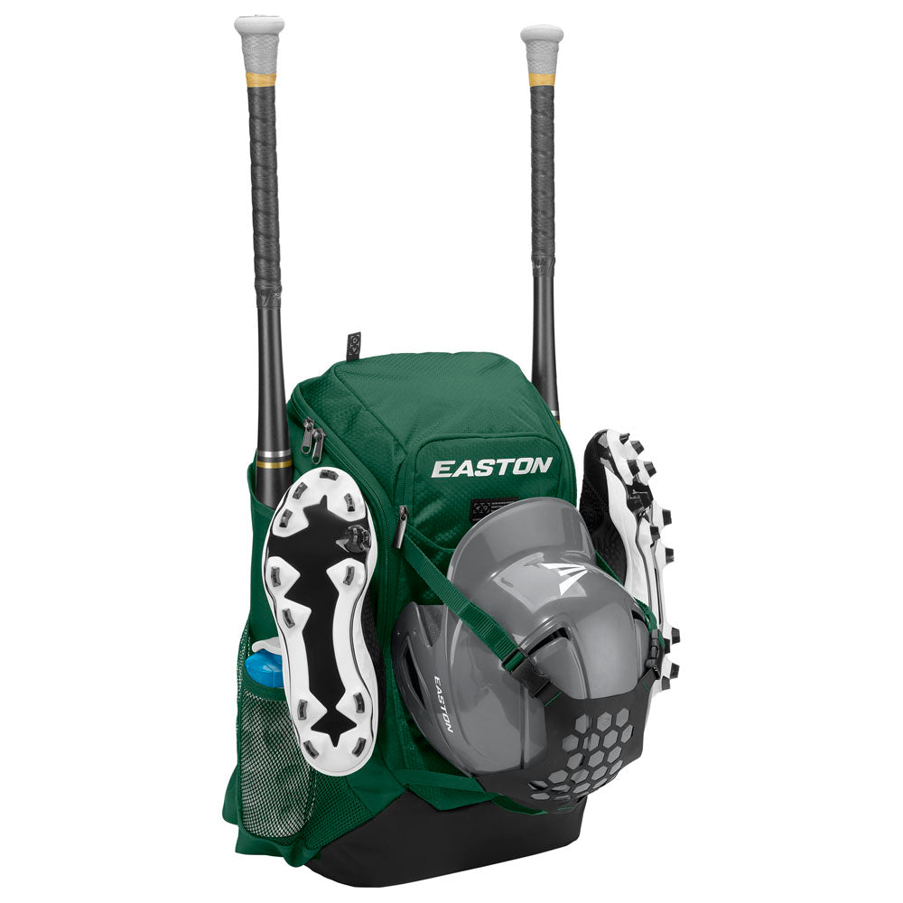 The Easton Walk Off NX Backpack by Easton in green holds two bats, a gray helmet, white and black cleats, and keeps a blue water bottle in the side pocket—ideal for carrying all your baseball gear.