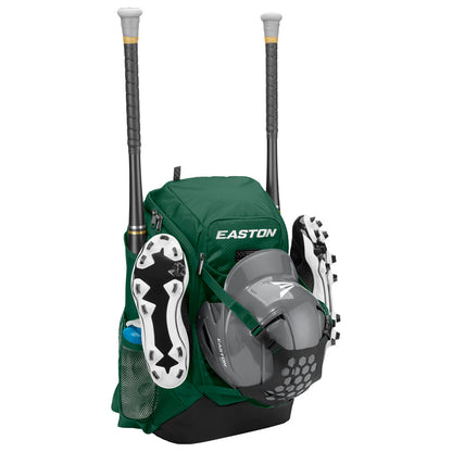 The Easton Walk Off NX Backpack by Easton in green holds two bats, a gray helmet, white and black cleats, and keeps a blue water bottle in the side pocket—ideal for carrying all your baseball gear.