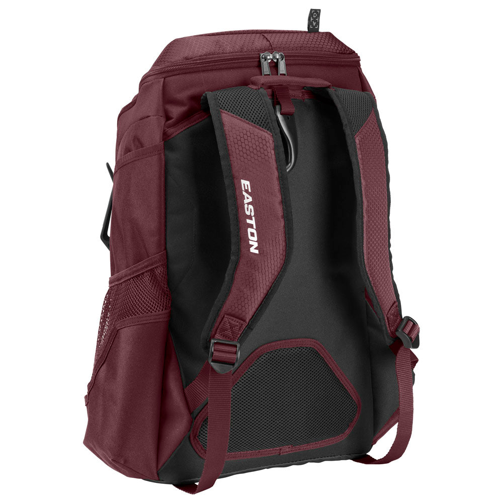 The Easton Walk Off NX Backpack (A159059) in maroon and black is shown from the back, with adjustable padded shoulder straps, mesh side pockets, and a zippered top compartment.
