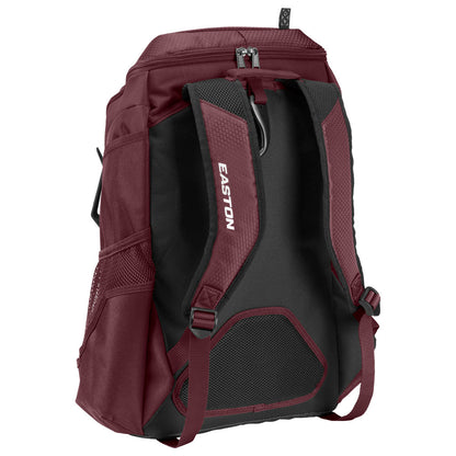 The Easton Walk Off NX Backpack (A159059) in maroon and black is shown from the back, with adjustable padded shoulder straps, mesh side pockets, and a zippered top compartment.