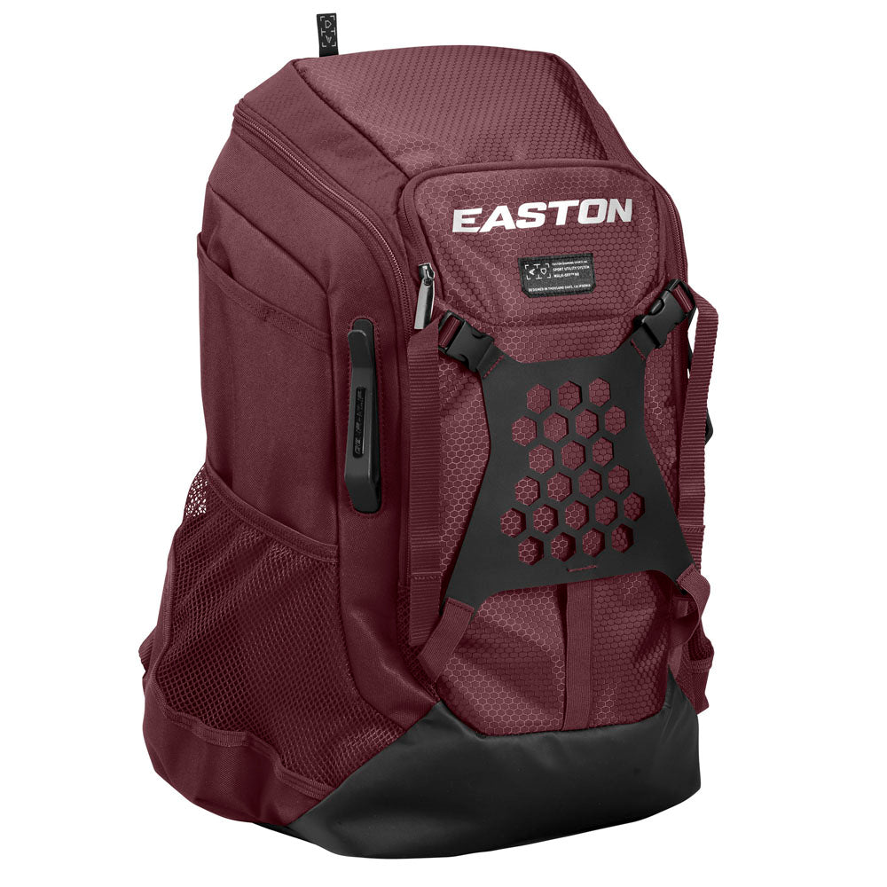 The Easton Walk Off NX Backpack (A159059) by Easton is a maroon baseball backpack with a black strap, perfect for carrying all your equipment.