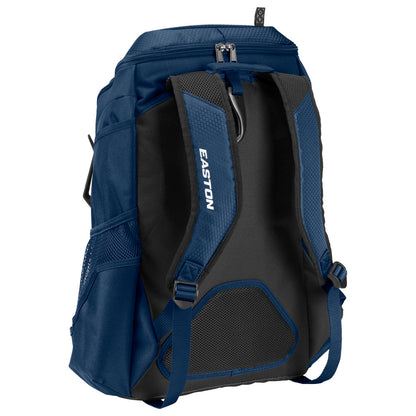The Easton Walk Off NX Backpack (A159059) by Easton is shown from the back in navy blue and black, featuring padded shoulder straps, mesh side pockets, and a top zipper closure.