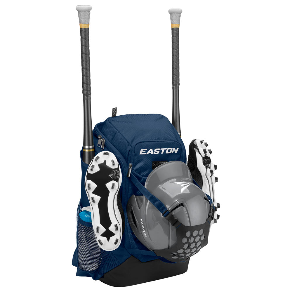 The Easton Walk Off NX Backpack (A159059) by Easton features designated compartments to hold two bats, a batting helmet, cleats, and a water bottle.