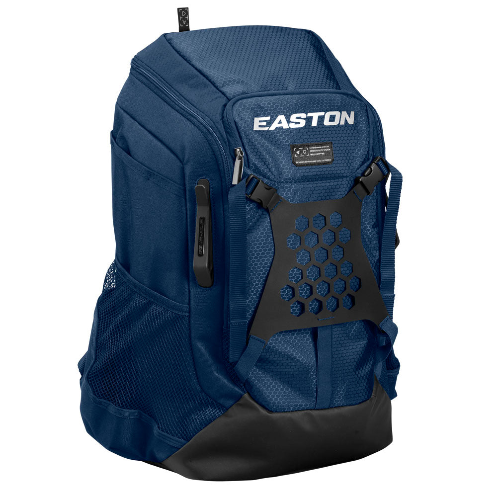 The Easton Walk Off NX Backpack (A159059) by Easton is a blue baseball backpack featuring multiple zippered compartments, mesh side pockets, and a black honeycomb-patterned front panel, displayed upright on a white background.