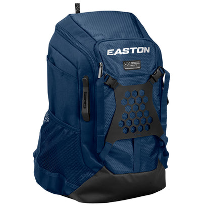 The Easton Walk Off NX Backpack (A159059) by Easton is a blue baseball backpack featuring multiple zippered compartments, mesh side pockets, and a black honeycomb-patterned front panel, displayed upright on a white background.
