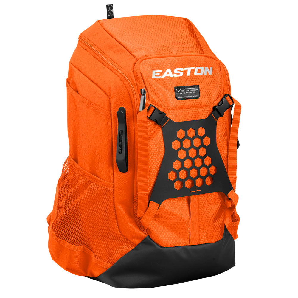 The Easton Walk Off NX Backpack (A159059) by Easton features an orange design with a black strap, making it perfect for carrying all your baseball equipment to the game.