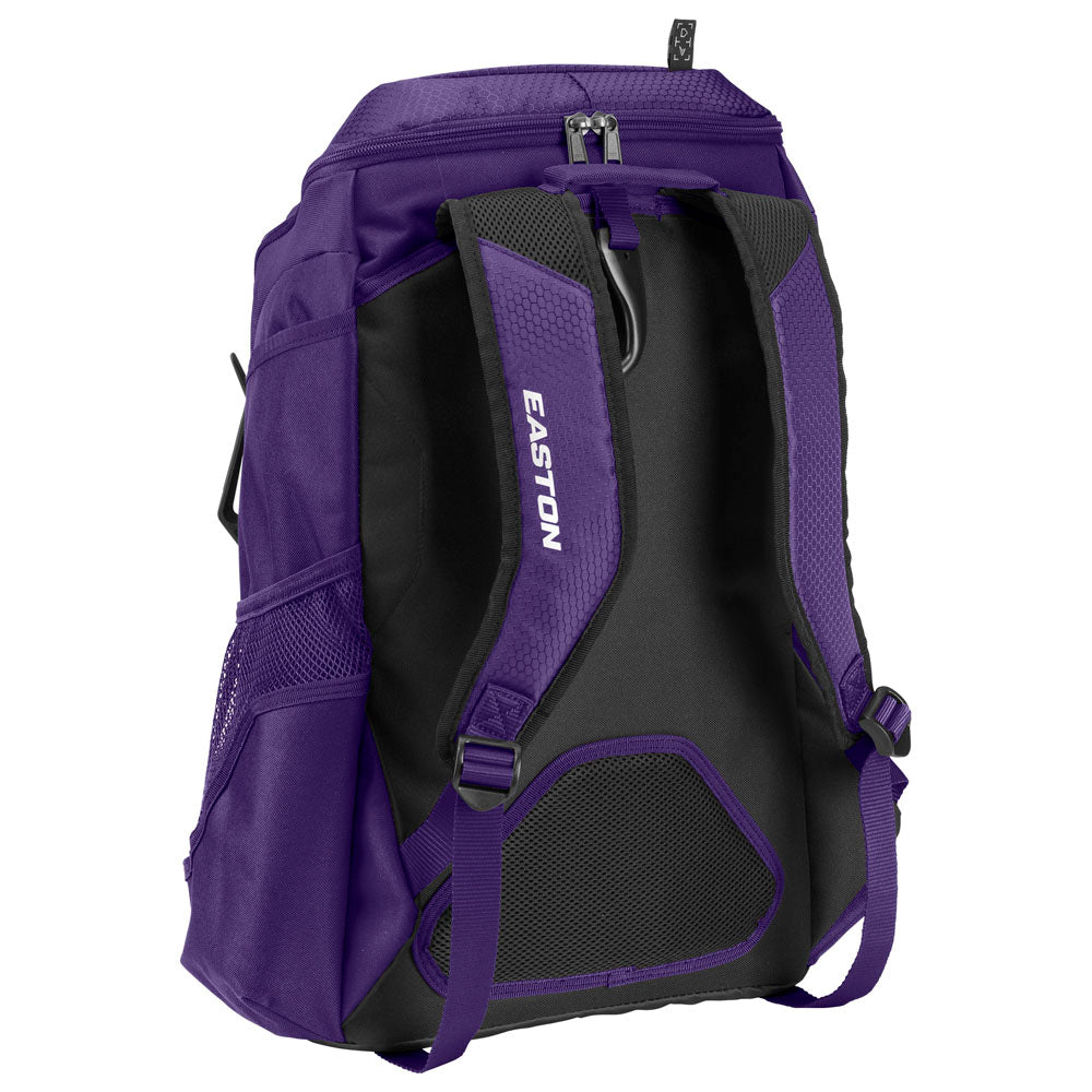 The Easton Walk Off NX Backpack (A159059) by Easton is shown from the back in purple and black, featuring padded shoulder straps, mesh side pockets, and a top zipper.