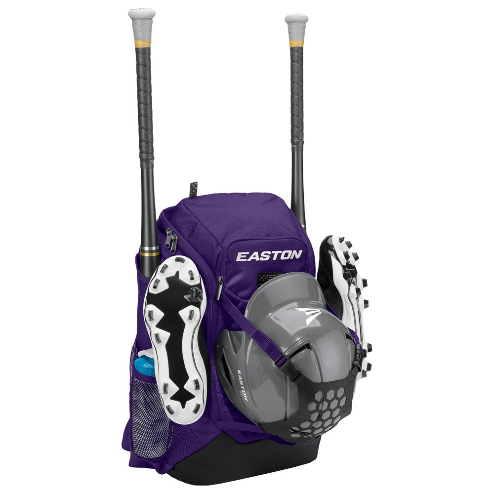 The Easton Walk Off NX Backpack (A159059) in purple features separate compartments and mesh pockets to hold two bats, cleats, a helmet, and a water bottle.