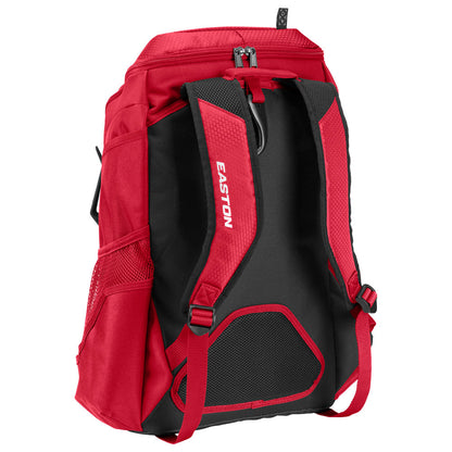 The Easton Walk Off NX Backpack (A159059) is a red and black baseball bag with mesh side pockets, adjustable padded shoulder straps, and a secure top zipper closure—perfect for carrying all your gear to the field.