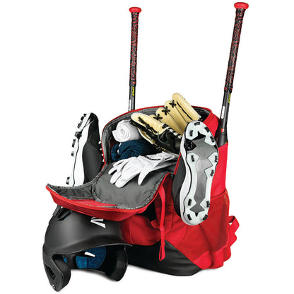 The Easton Walk Off NX Backpack by Easton is a red baseball bag that holds two bats, batting gloves, cleats, a helmet, white socks, and a blue undershirt inside and around its open compartments.