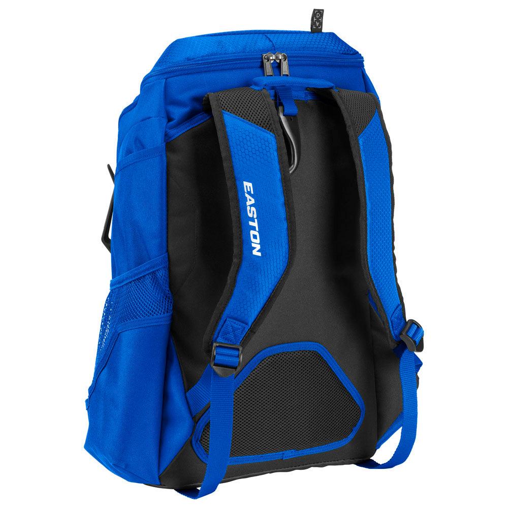 The Easton Walk Off NX Backpack (A159059) by Easton is shown from the back at an angle. It features a blue and black design, mesh side pockets, padded adjustable shoulder straps, and "EASTON" printed in white on the left strap.