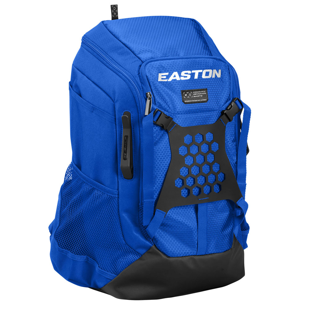 The Easton Walk Off NX Backpack (A159059) by Easton is shown in blue with a black honeycomb-patterned front panel, mesh side pockets, and a zippered top compartment against a white background.