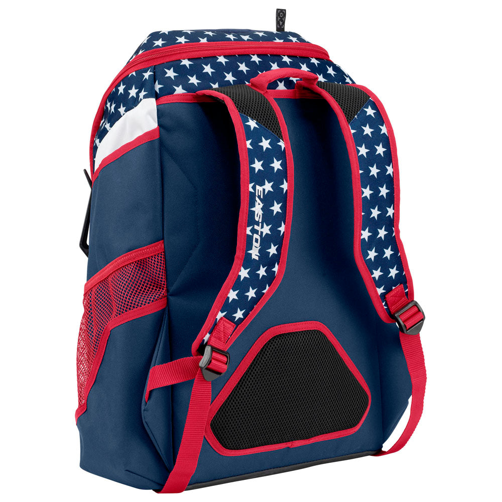 The Easton Walk Off NX Backpack (A159059) by Easton features a navy design with red straps, white accents, star patterns, and red mesh side pockets. Its black back panel with a bold red border makes it ideal as an equipment bag for athletes.