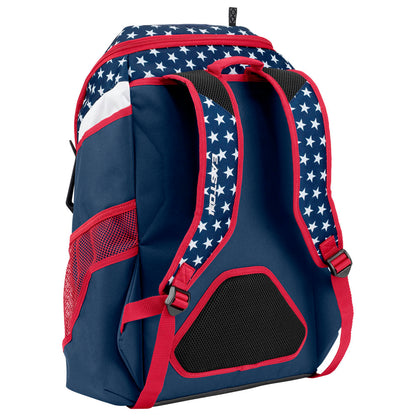 The Easton Walk Off NX Backpack (A159059) by Easton features a navy design with red straps, white accents, star patterns, and red mesh side pockets. Its black back panel with a bold red border makes it ideal as an equipment bag for athletes.