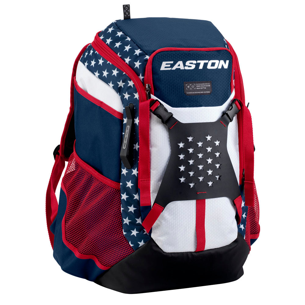 The Easton Walk Off NX Backpack (A159059) by Easton features a blue, red, and white USA flag design with stars and stripes, mesh pockets, red straps, a black bottom, and the Easton logo on top.