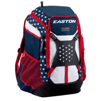 The Easton Walk Off NX Backpack (A159059) by Easton features a blue, red, and white USA flag design with stars and stripes, mesh pockets, red straps, a black bottom, and the Easton logo on top.