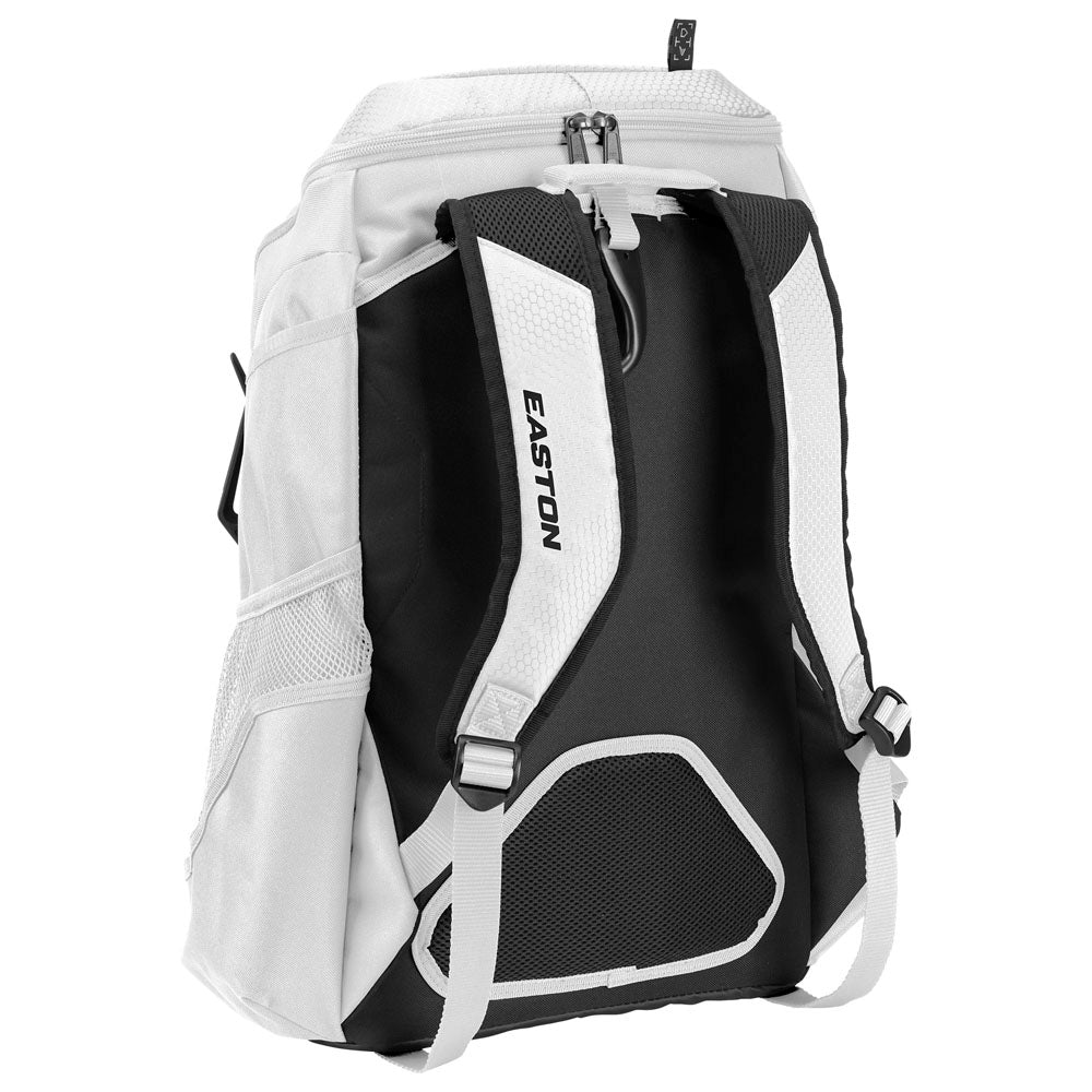 The Easton Walk Off NX Backpack (A159059) by Easton, in white and black, features padded shoulder straps, mesh side pockets, and a large zippered compartment. Shown from the back at a slight angle.