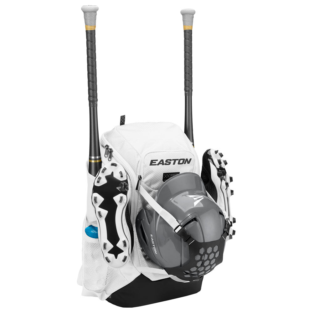 The Easton Walk Off NX Backpack by Easton holds a gray helmet, black-and-white cleats, two gray bats, and a blue water bottle in the side mesh pocket—an ideal baseball equipment bag for any player.