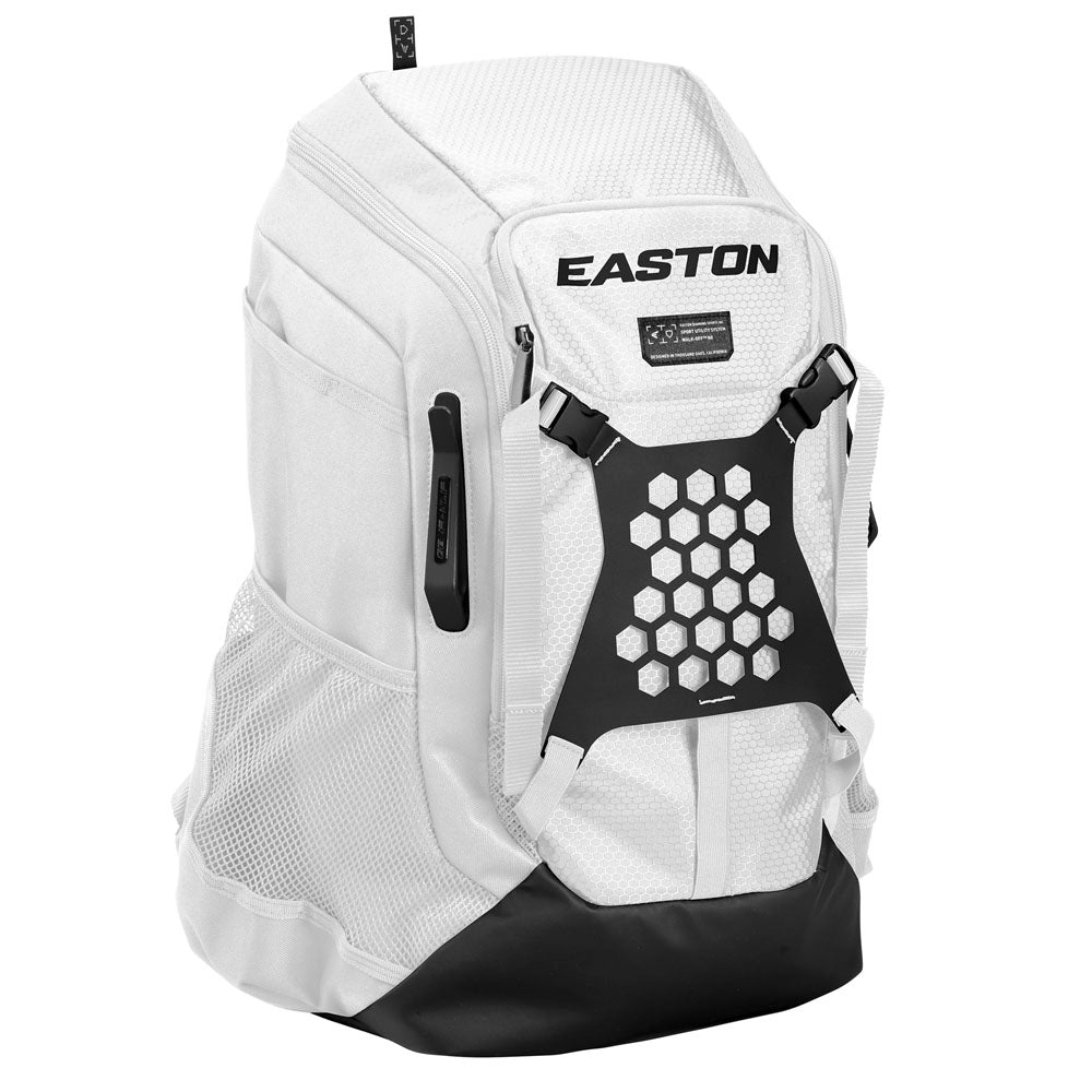 The Easton Walk Off NX Backpack (A159059) by Easton is a white baseball backpack with black straps, perfect for carrying your gear to the field.