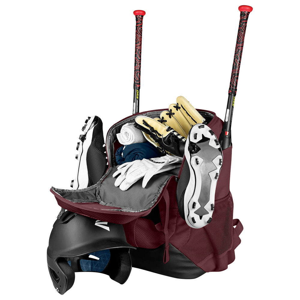 The Easton Walk Off NX Backpack by Easton in maroon and gray holds gear like cleats, gloves, socks, two bats sticking out of the top, and features a black helmet hanging from the outside.