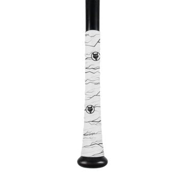 A close-up view of a VukGripz Bat Grip Tape handle by VukGripz, wrapped with white tape featuring black wavy lines and circular logos for superior grip.