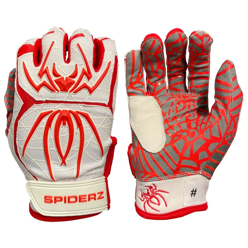 A pair of Spiderz HYBRID Adult Batting Gloves (HYB) by Spiderz in red, white, and gray, featuring spider web designs and logos on each hand—engineered for maximum grip and professional performance.