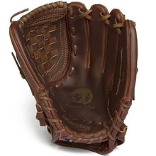 The Nokona X2 Buckaroo 12.5" Fastpitch Glove (X2-V1250C) is a brown leather glove with visible stitching, lacing, a woven pocket, and an embossed palm logo. The glove is pictured open and upright to show its interior.