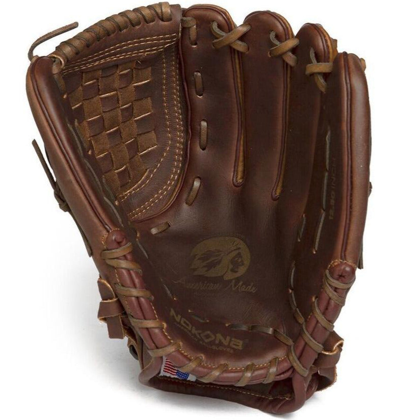 A Nokona X2 Buckaroo 12" Fastpitch Glove (X2-V1200C) in brown leather, with visible stitching and laces, is shown open palm-up. The interior displays embossed Nokona branding and a woven pocket pattern.