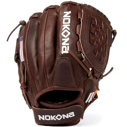 The Nokona X2 Buckaroo 12" Fastpitch Glove (X2-V1200C) is a brown glove with white stitching, Nokona branding, an American flag patch, basket webbing, adjustable wrist strap, and crafted from Stampede Steerhide.