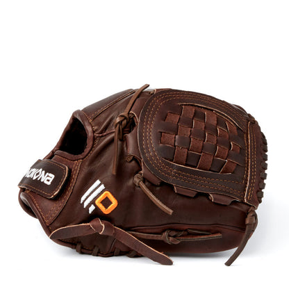 The Nokona X2 Buckaroo 12" Fastpitch Glove (X2-V1200C) by Nokona is a brown leather glove with a woven pocket, visible laces, and a black strap with a white and orange logo, made from Stampede Steerhide on a plain white background.