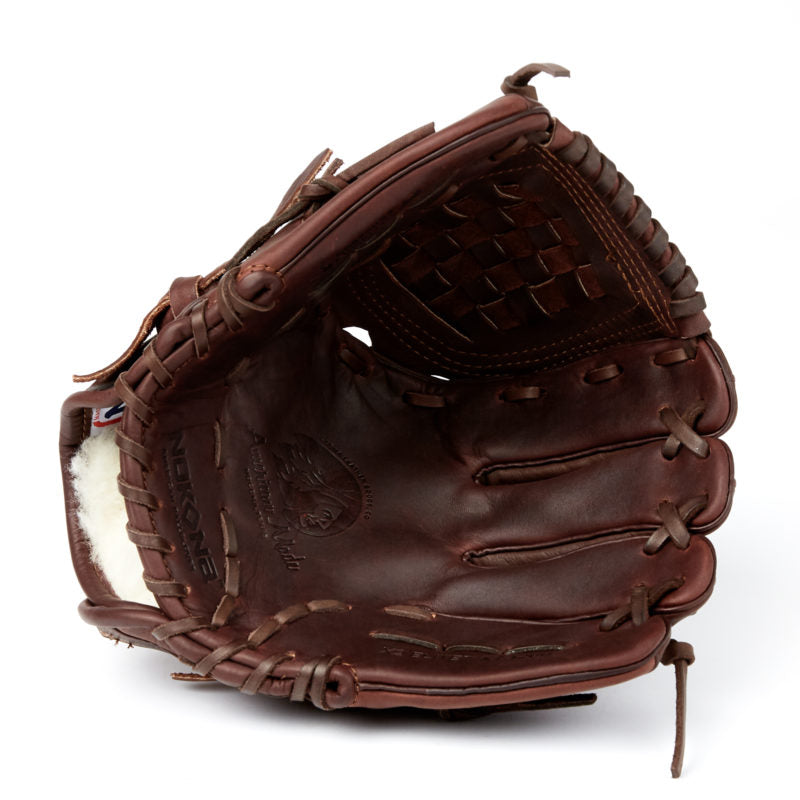 A Nokona X2 Buckaroo 12.5" Fastpitch Glove (X2-V1250C) in brown leather with visible stitching, laces, and basket webbing is displayed open and upright against a white background.