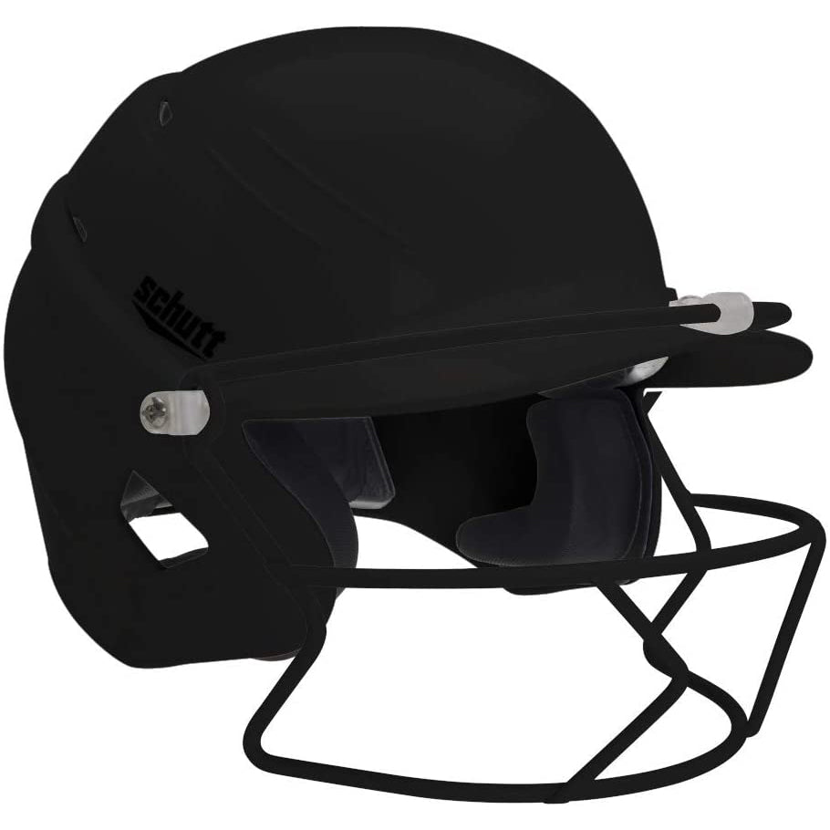 The Schutt XR1 Softball Batting Helmet with Mask (XR1 334200) features a batter's guard facemask, extended visor, interior padding, and side vents for player safety and comfort.