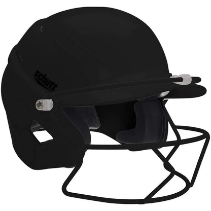 The Schutt XR1 Softball Batting Helmet with Mask (XR1 334200) features a batter's guard facemask, extended visor, interior padding, and side vents for player safety and comfort.