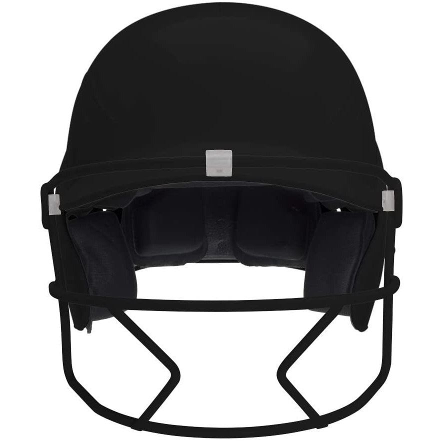 Front view of a black Schutt XR1 Softball Batting Helmet with Mask (model XR1 334200) showing inner padding and facemask, isolated on a white background.