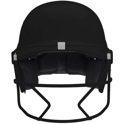 Front view of a black Schutt XR1 Softball Batting Helmet with Mask (model XR1 334200) showing inner padding and facemask, isolated on a white background.