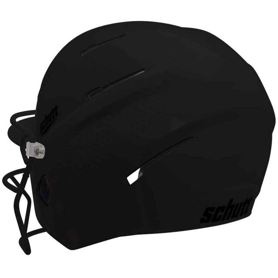 The Schutt XR1 Softball Batting Helmet with Mask (XR1 334200) features a matte black finish, batter’s guard facemask, ventilation slots, and the Schutt logo—ideal for enhanced protection at the plate.