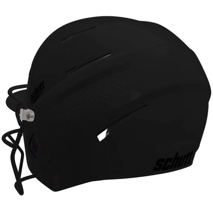 The Schutt XR1 Softball Batting Helmet with Mask (XR1 334200) features a matte black finish, batter’s guard facemask, ventilation slots, and the Schutt logo—ideal for enhanced protection at the plate.
