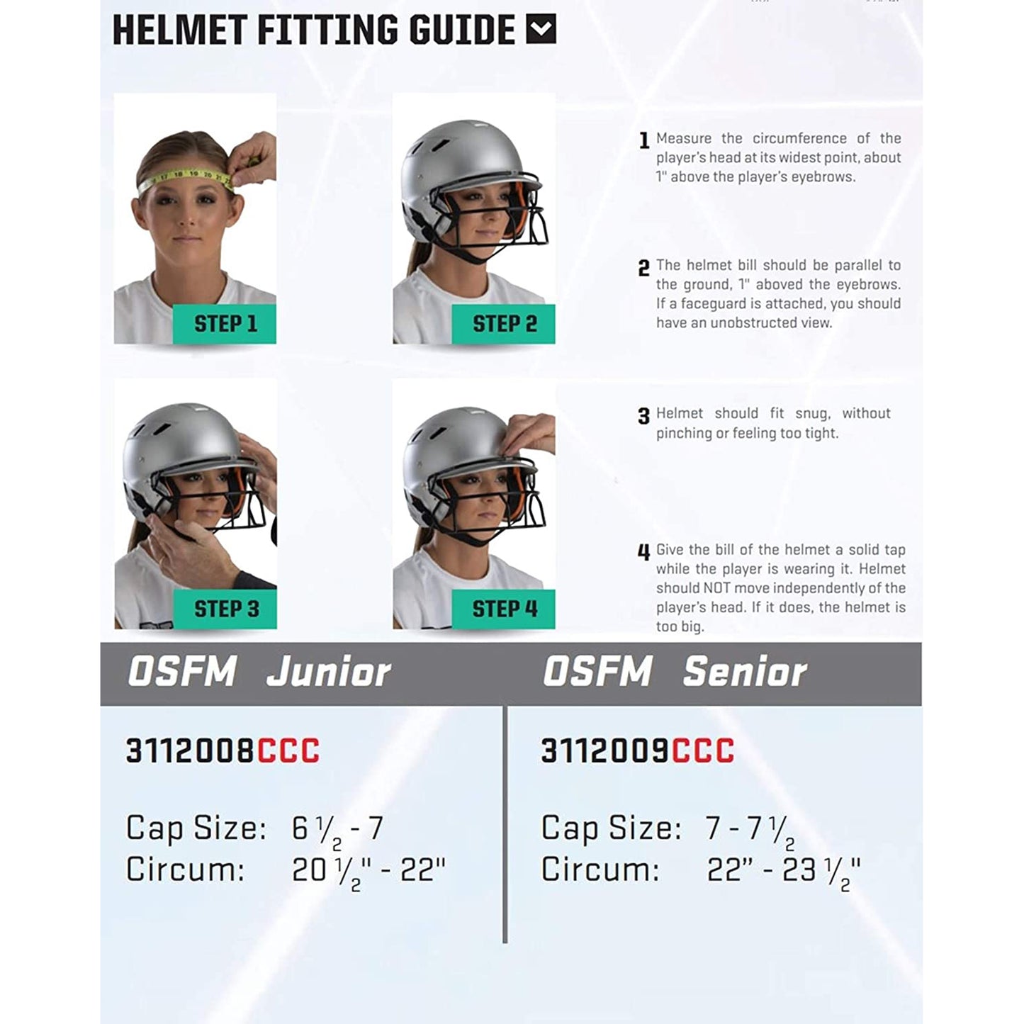 Schutt XR1 Softball Batting Helmet with Mask fitting guide shows four steps with images: measure head size, position helmet above eyebrows, check for snug fit, and confirm helmet bill moves with head. Includes sizing details for Schutt XR1 and batter's guard mask.
