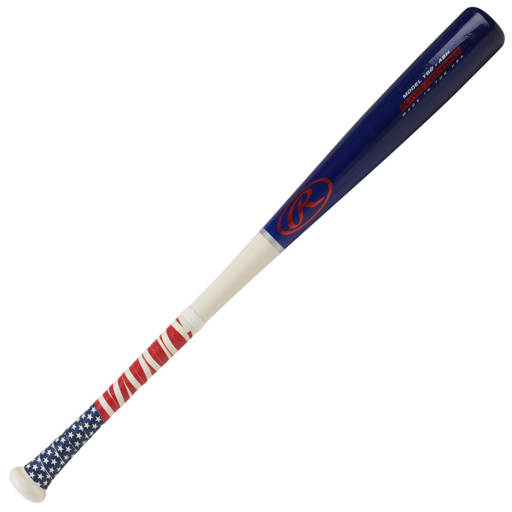 The Rawlings Player Preferred -7.5 Ash Wood Baseball Bat (Y62AUS) features a blue barrel, white handle, and American flag stars and stripes grip—perfectly crafted for youth players seeking a balanced swing.