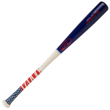The Rawlings Player Preferred -7.5 Ash Wood Baseball Bat (Y62AUS) features a blue barrel, white handle, and American flag stars and stripes grip—perfectly crafted for youth players seeking a balanced swing.