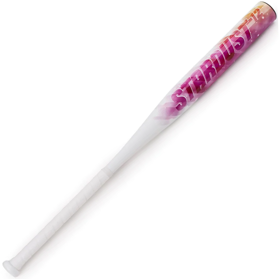 The 2022 Rip It Stardust -12 Fastpitch Softball Bat (SDST-PB) by Rip It is a white, one-piece bat featuring bold pink and orange gradient "STARDUST" lettering on the barrel that fades to white near the handle, ensuring reliable performance.