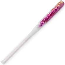 The 2022 Rip It Stardust -12 Fastpitch Softball Bat (SDST-PB) by Rip It is a white, one-piece bat featuring bold pink and orange gradient "STARDUST" lettering on the barrel that fades to white near the handle, ensuring reliable performance.