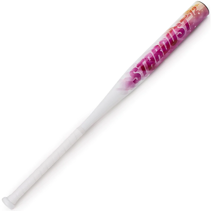 The 2022 Rip It Stardust -12 Fastpitch Softball Bat (SDST-PB) by Rip It is a white, one-piece bat featuring bold pink and orange gradient "STARDUST" lettering on the barrel that fades to white near the handle, ensuring reliable performance.